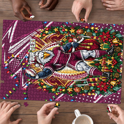 Personalized Manly Warringah Sea Eagles Rugby Christmas Puzzle Holiday Mascot Graphic Art Festive Lights Bow