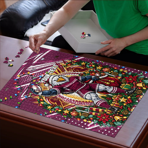 Personalized Manly Warringah Sea Eagles Rugby Christmas Puzzle Holiday Mascot Graphic Art Festive Lights Bow