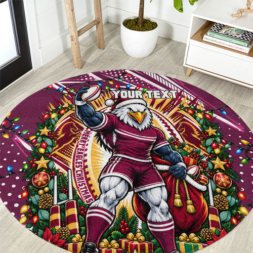 Personalized Manly Warringah Sea Eagles Rugby Christmas Round Carpet Holiday Mascot Graphic Art Festive Lights Bow