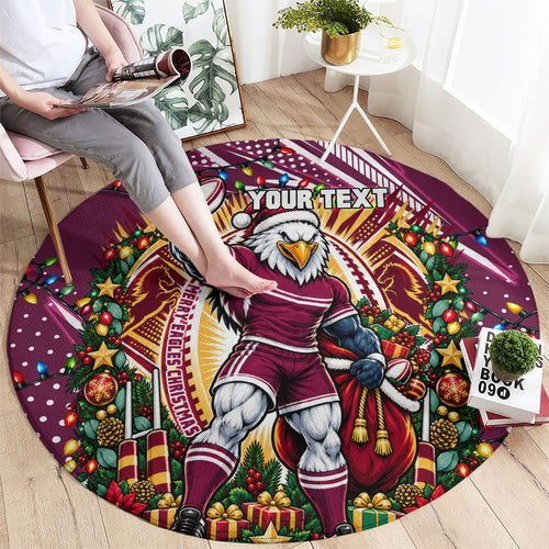 Personalized Manly Warringah Sea Eagles Rugby Christmas Round Carpet Holiday Mascot Graphic Art Festive Lights Bow