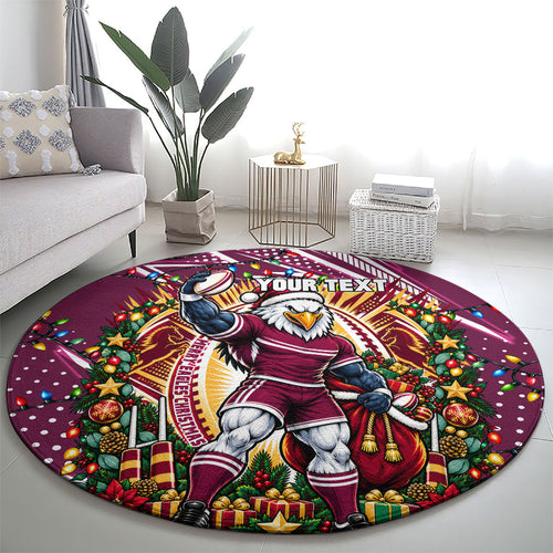 Personalized Manly Warringah Sea Eagles Rugby Christmas Round Carpet Holiday Mascot Graphic Art Festive Lights Bow