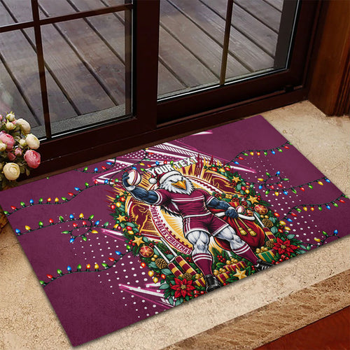 Personalized Manly Warringah Sea Eagles Rugby Christmas Rubber Doormat Holiday Mascot Graphic Art Festive Lights Bow