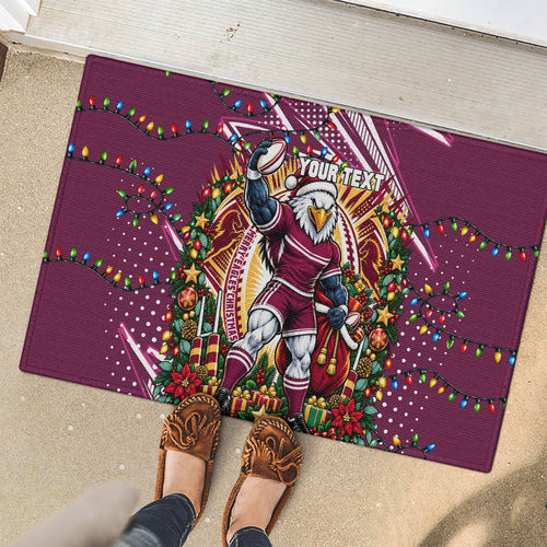 Personalized Manly Warringah Sea Eagles Rugby Christmas Rubber Doormat Holiday Mascot Graphic Art Festive Lights Bow
