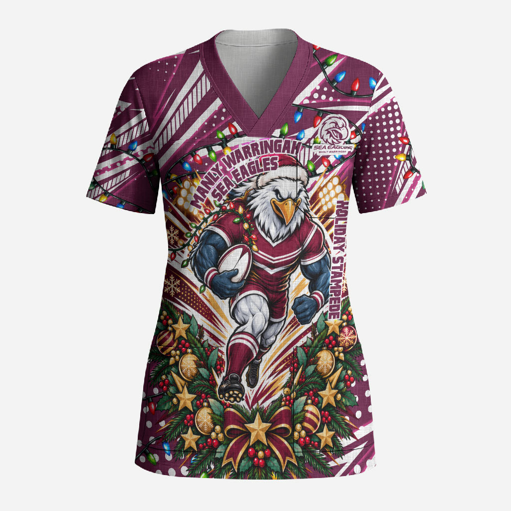 Personalized Manly Warringah Sea Eagles Rugby Christmas Scrub Top Holiday Mascot Graphic Art Festive Lights Bow