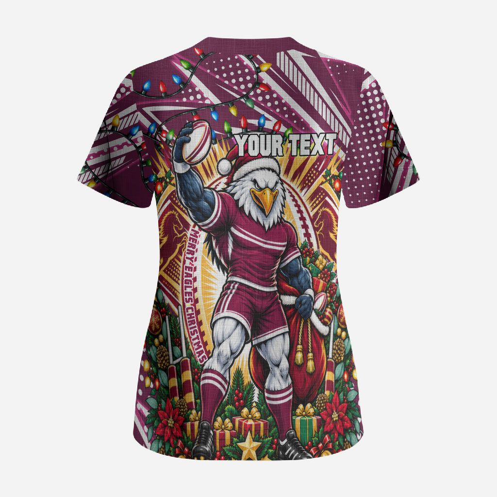 Personalized Manly Warringah Sea Eagles Rugby Christmas Scrub Top Holiday Mascot Graphic Art Festive Lights Bow
