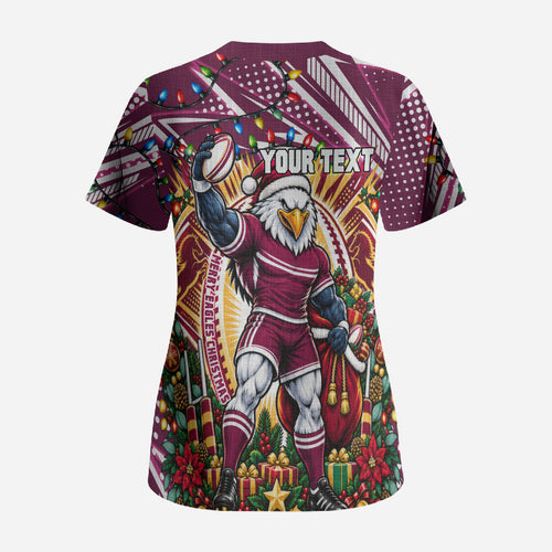 Personalized Manly Warringah Sea Eagles Rugby Christmas Scrub Top Holiday Mascot Graphic Art Festive Lights Bow