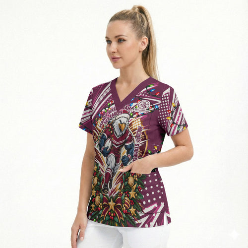 Personalized Manly Warringah Sea Eagles Rugby Christmas Scrub Top Holiday Mascot Graphic Art Festive Lights Bow