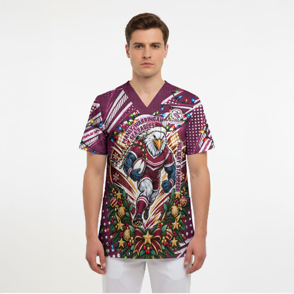 Personalized Manly Warringah Sea Eagles Rugby Christmas Scrub Top Holiday Mascot Graphic Art Festive Lights Bow