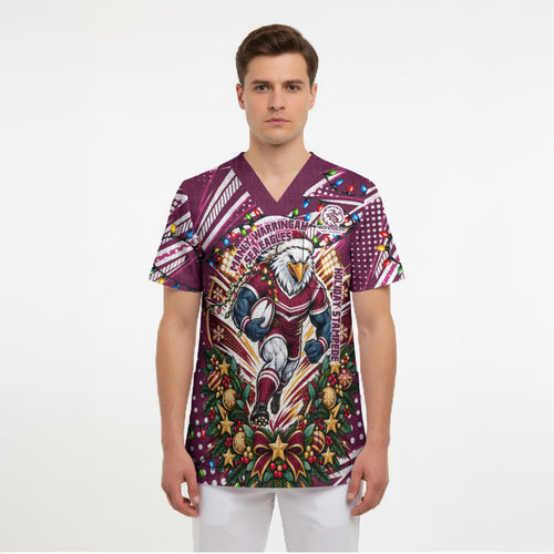 Personalized Manly Warringah Sea Eagles Rugby Christmas Scrub Top Holiday Mascot Graphic Art Festive Lights Bow