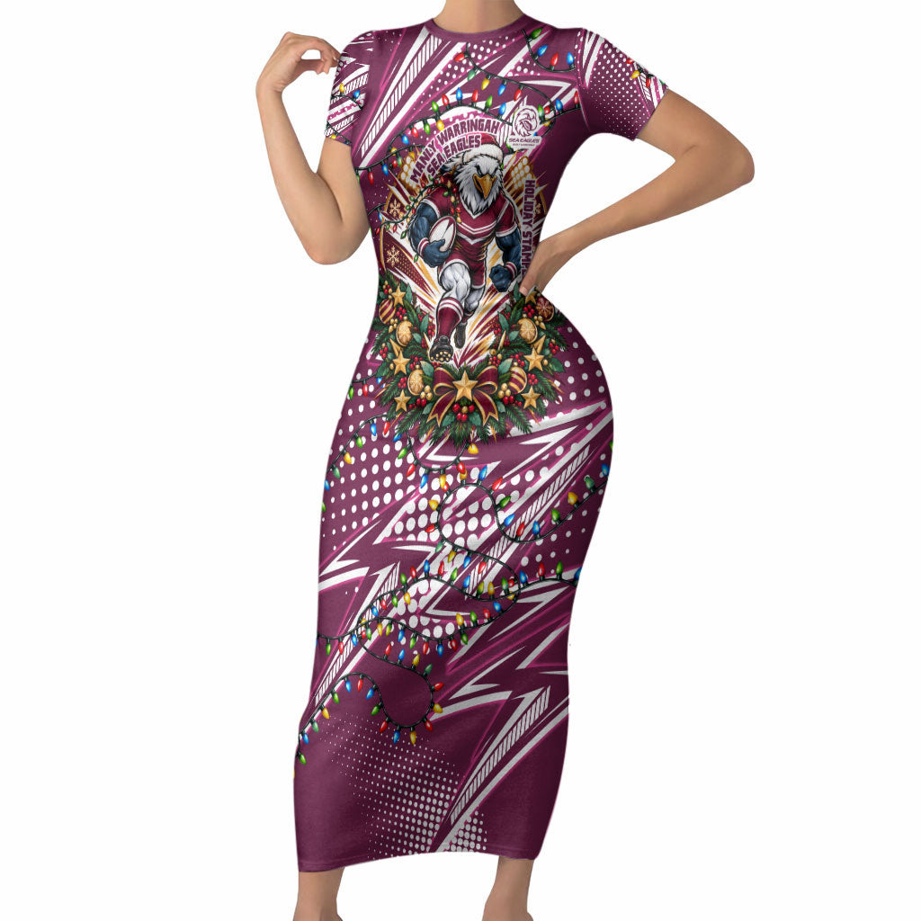 Personalized Manly Warringah Sea Eagles Rugby Christmas Short Sleeve Bodycon Dress Holiday Mascot Graphic Art Festive Lights Bow