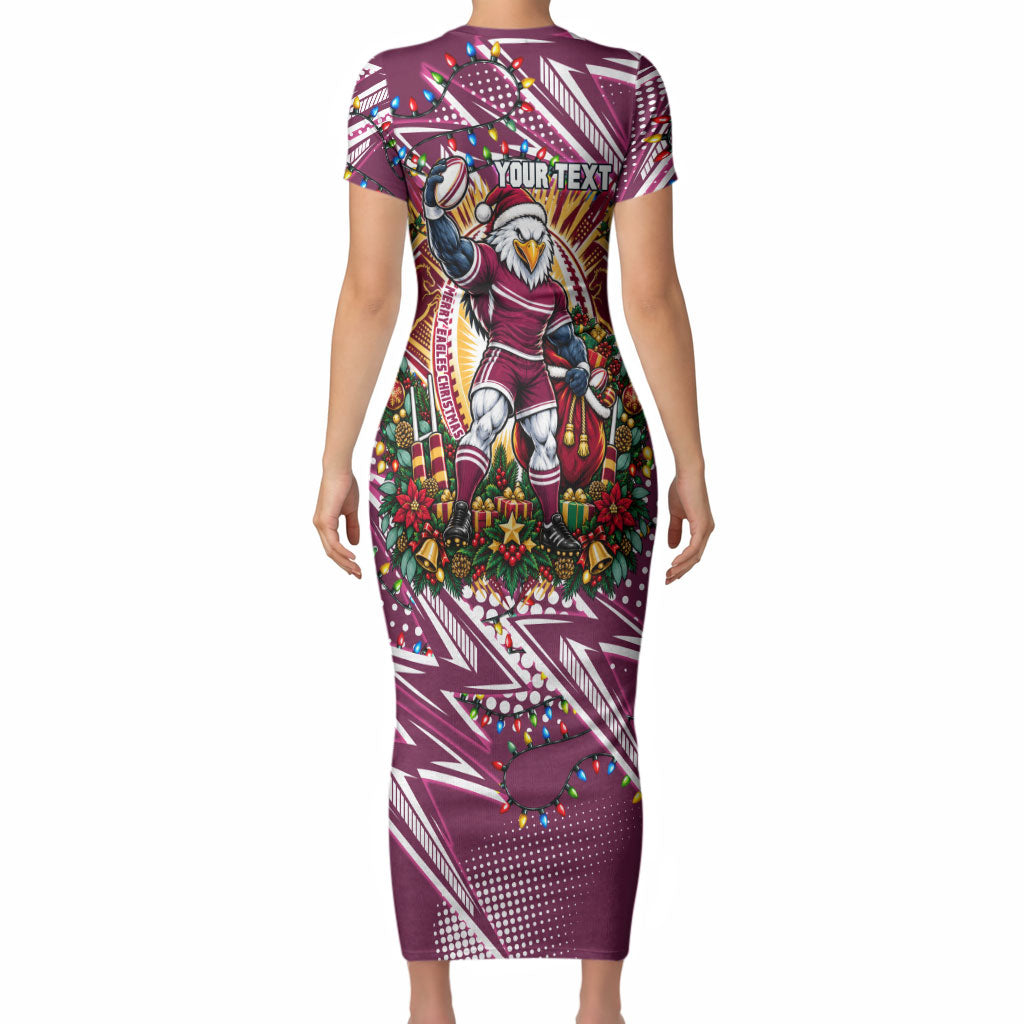 Personalized Manly Warringah Sea Eagles Rugby Christmas Short Sleeve Bodycon Dress Holiday Mascot Graphic Art Festive Lights Bow