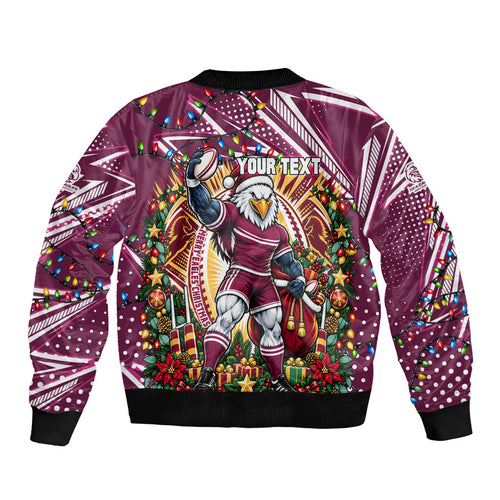 Personalized Manly Warringah Sea Eagles Rugby Christmas Sleeve Zip Bomber Jacket Holiday Mascot Graphic Art Festive Lights Bow