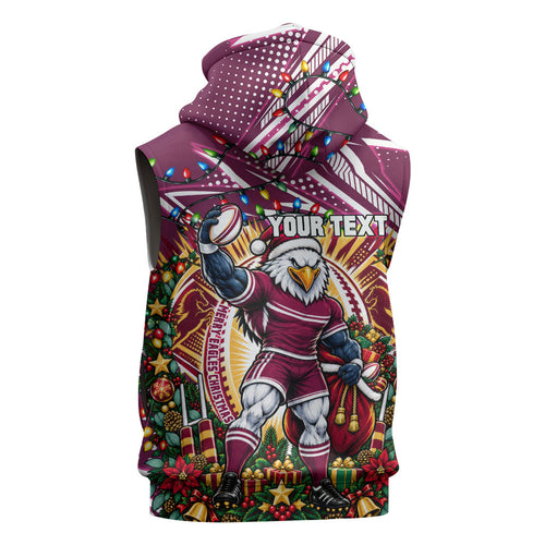 Personalized Manly Warringah Sea Eagles Rugby Christmas Sleeveless Hoodie Holiday Mascot Graphic Art Festive Lights Bow