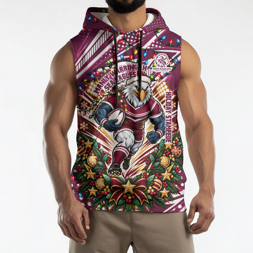 Personalized Manly Warringah Sea Eagles Rugby Christmas Sleeveless Hoodie Holiday Mascot Graphic Art Festive Lights Bow