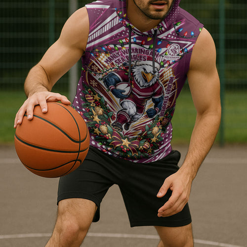 Personalized Manly Warringah Sea Eagles Rugby Christmas Sleeveless Hoodie Holiday Mascot Graphic Art Festive Lights Bow