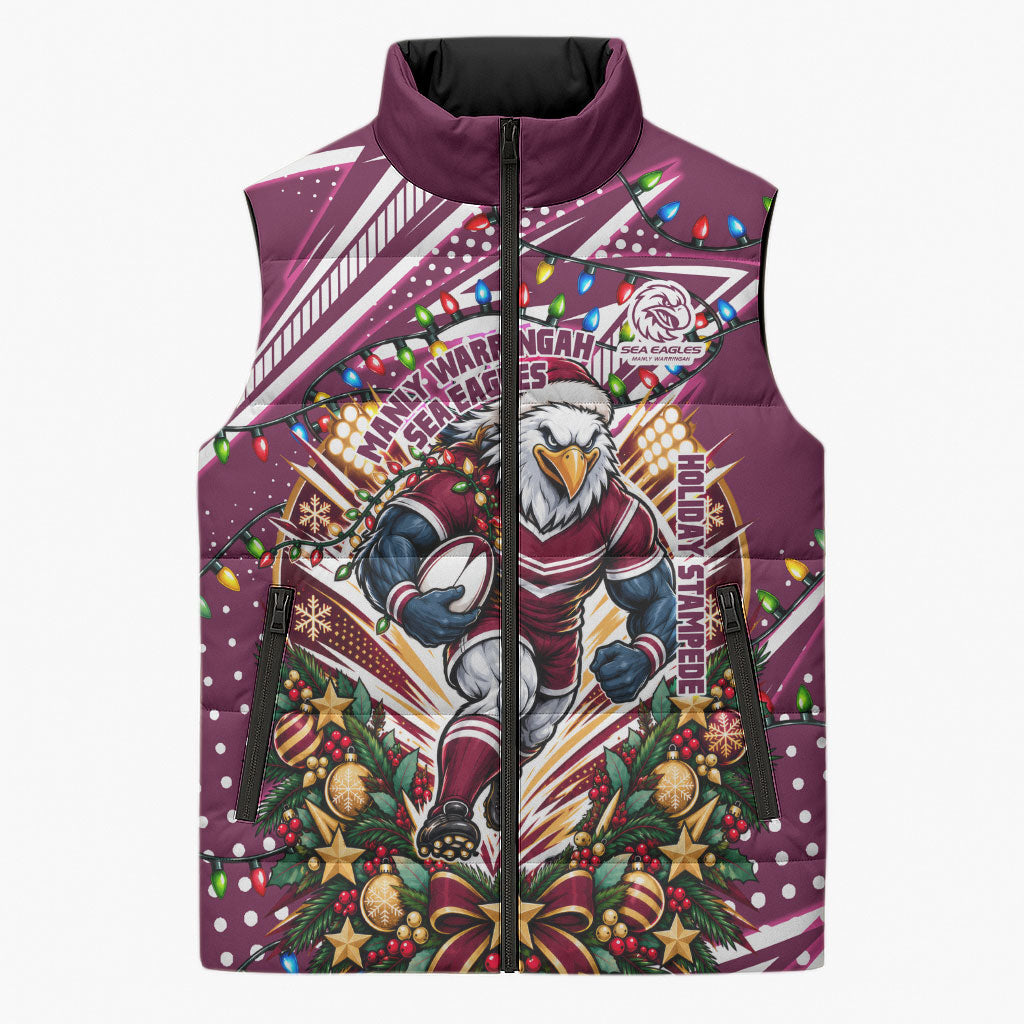 Personalized Manly Warringah Sea Eagles Rugby Christmas Sleeveless Puffer Jacket Holiday Mascot Graphic Art Festive Lights Bow