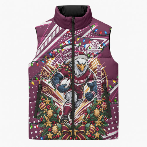 Personalized Manly Warringah Sea Eagles Rugby Christmas Sleeveless Puffer Jacket Holiday Mascot Graphic Art Festive Lights Bow