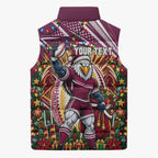 Personalized Manly Warringah Sea Eagles Rugby Christmas Sleeveless Puffer Jacket Holiday Mascot Graphic Art Festive Lights Bow
