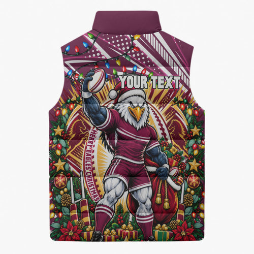 Personalized Manly Warringah Sea Eagles Rugby Christmas Sleeveless Puffer Jacket Holiday Mascot Graphic Art Festive Lights Bow