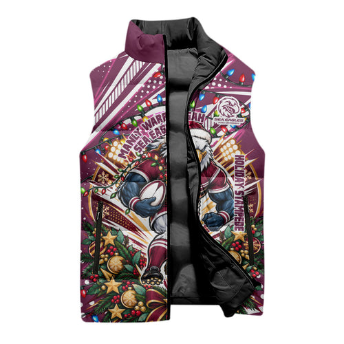 Personalized Manly Warringah Sea Eagles Rugby Christmas Sleeveless Puffer Jacket Holiday Mascot Graphic Art Festive Lights Bow