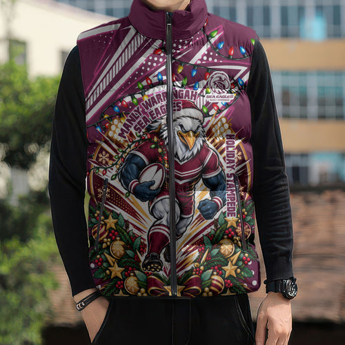 Personalized Manly Warringah Sea Eagles Rugby Christmas Sleeveless Puffer Jacket Holiday Mascot Graphic Art Festive Lights Bow