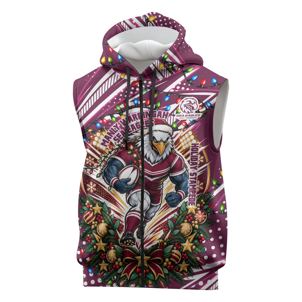 Personalized Manly Warringah Sea Eagles Rugby Christmas Sleeveless Zip Hoodie Holiday Mascot Graphic Art Festive Lights Bow