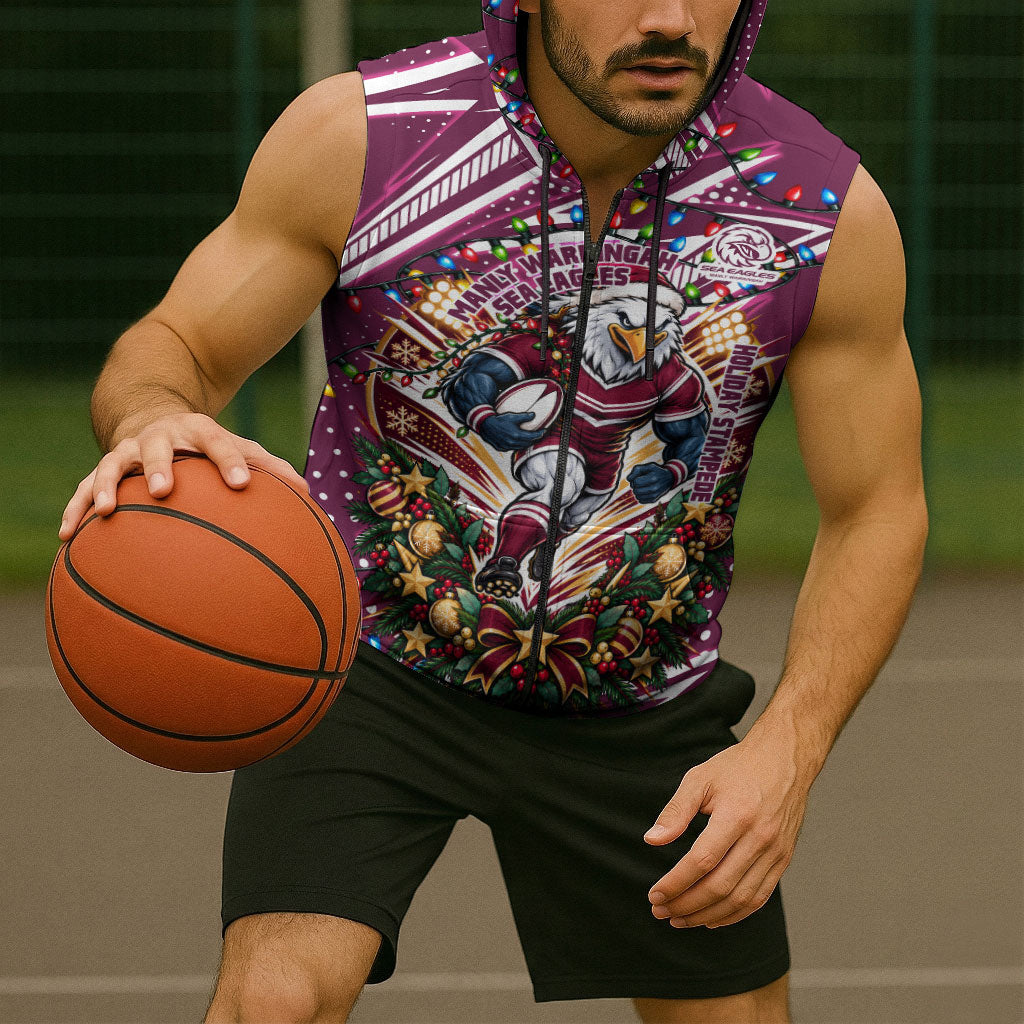Personalized Manly Warringah Sea Eagles Rugby Christmas Sleeveless Zip Hoodie Holiday Mascot Graphic Art Festive Lights Bow