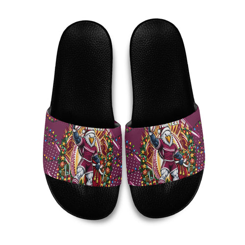 Personalized Manly Warringah Sea Eagles Rugby Christmas Slide Sandals Holiday Mascot Graphic Art Festive Lights Bow