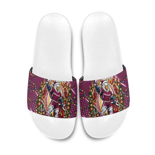 Personalized Manly Warringah Sea Eagles Rugby Christmas Slide Sandals Holiday Mascot Graphic Art Festive Lights Bow