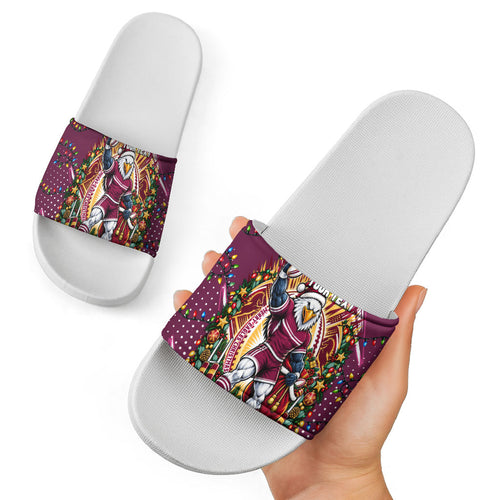 Personalized Manly Warringah Sea Eagles Rugby Christmas Slide Sandals Holiday Mascot Graphic Art Festive Lights Bow