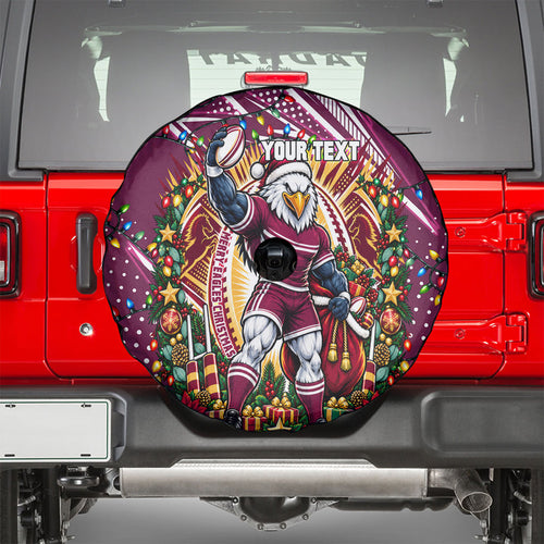 Personalized Manly Warringah Sea Eagles Rugby Christmas Spare Tire Cover Holiday Mascot Graphic Art Festive Lights Bow