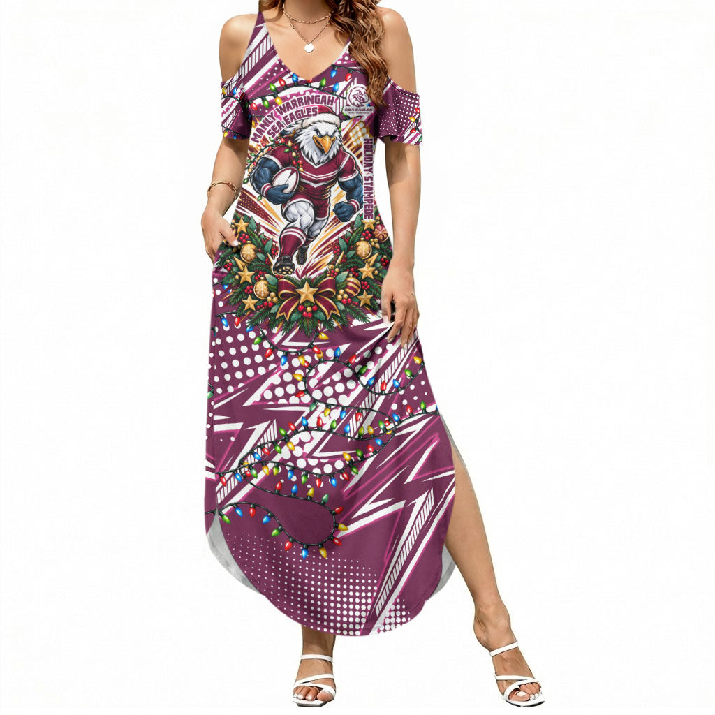 Personalized Manly Warringah Sea Eagles Rugby Christmas Summer Maxi Dress Holiday Mascot Graphic Art Festive Lights Bow