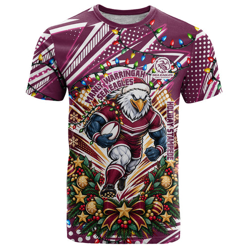 Personalized Manly Warringah Sea Eagles Rugby Christmas T Shirt Holiday Mascot Graphic Art Festive Lights Bow
