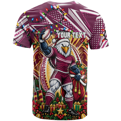 Personalized Manly Warringah Sea Eagles Rugby Christmas T Shirt Holiday Mascot Graphic Art Festive Lights Bow