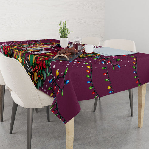 Personalized Manly Warringah Sea Eagles Rugby Christmas Tablecloth Holiday Mascot Graphic Art Festive Lights Bow