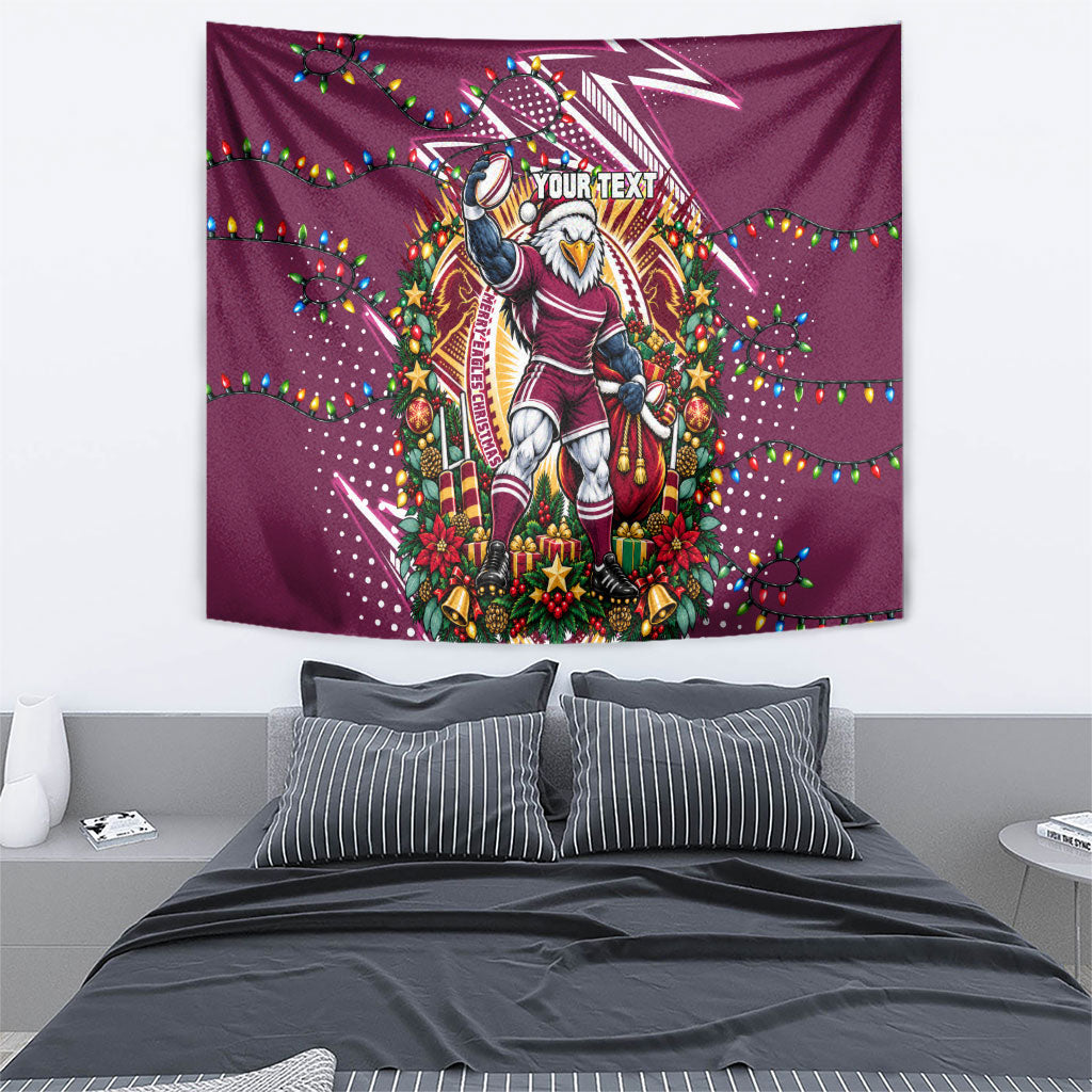 Personalized Manly Warringah Sea Eagles Rugby Christmas Tapestry Holiday Mascot Graphic Art Festive Lights Bow