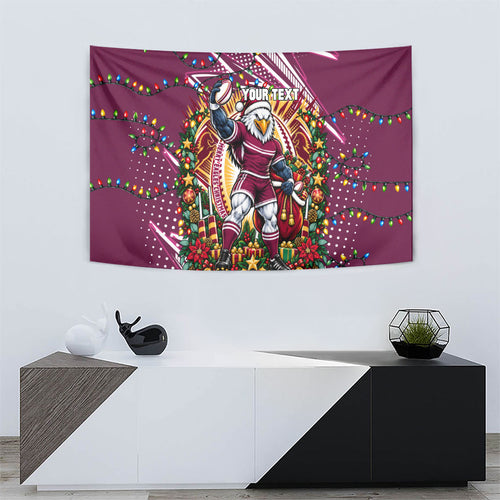 Personalized Manly Warringah Sea Eagles Rugby Christmas Tapestry Holiday Mascot Graphic Art Festive Lights Bow