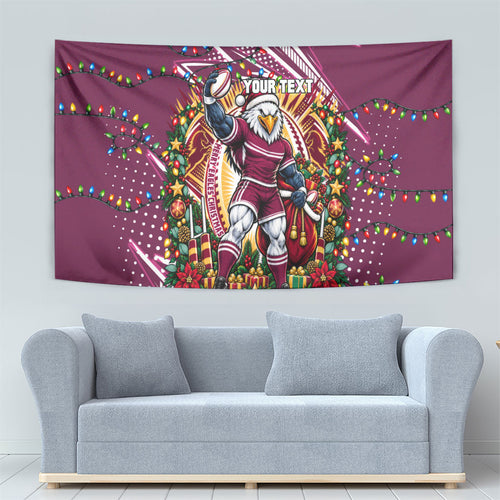 Personalized Manly Warringah Sea Eagles Rugby Christmas Tapestry Holiday Mascot Graphic Art Festive Lights Bow