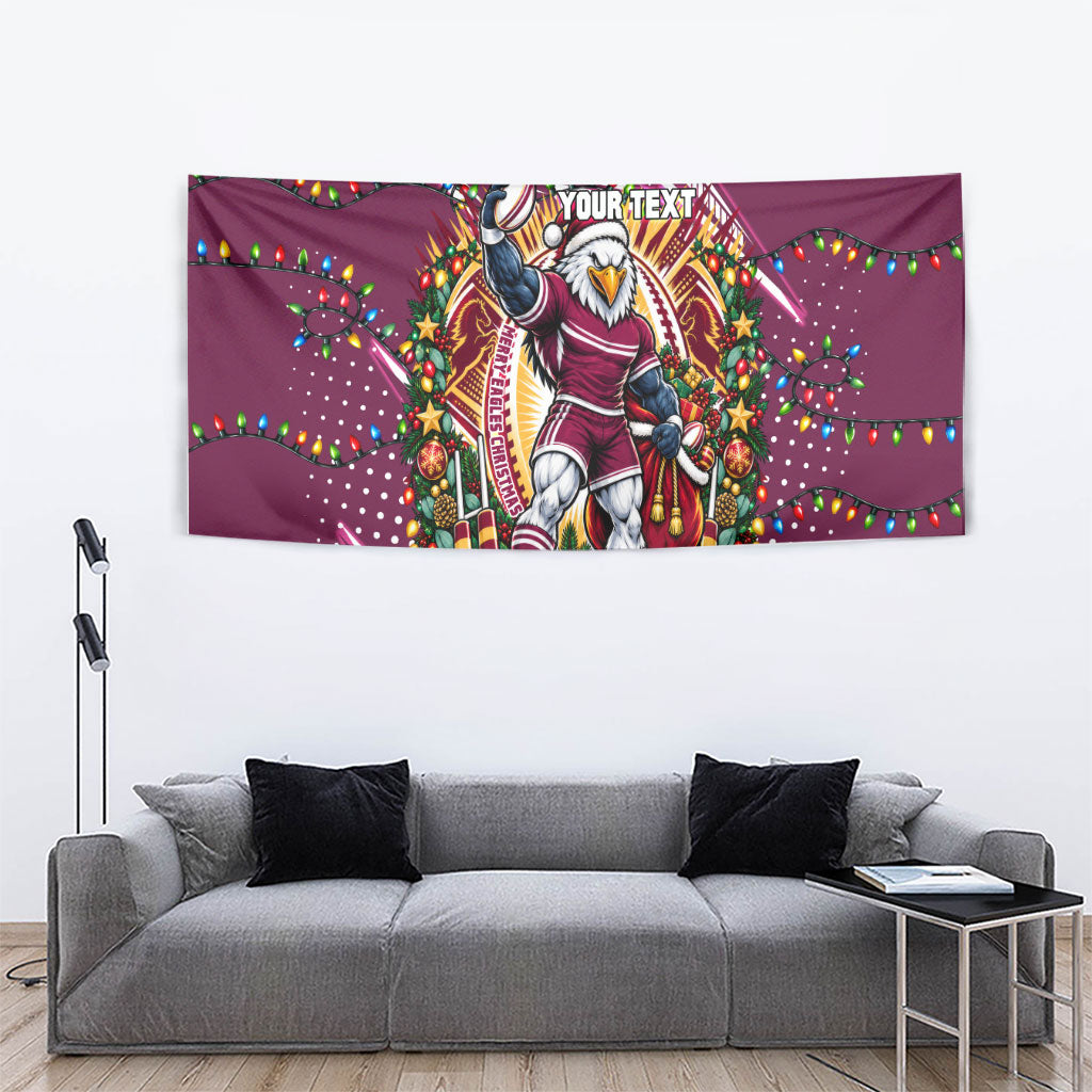 Personalized Manly Warringah Sea Eagles Rugby Christmas Tapestry Holiday Mascot Graphic Art Festive Lights Bow
