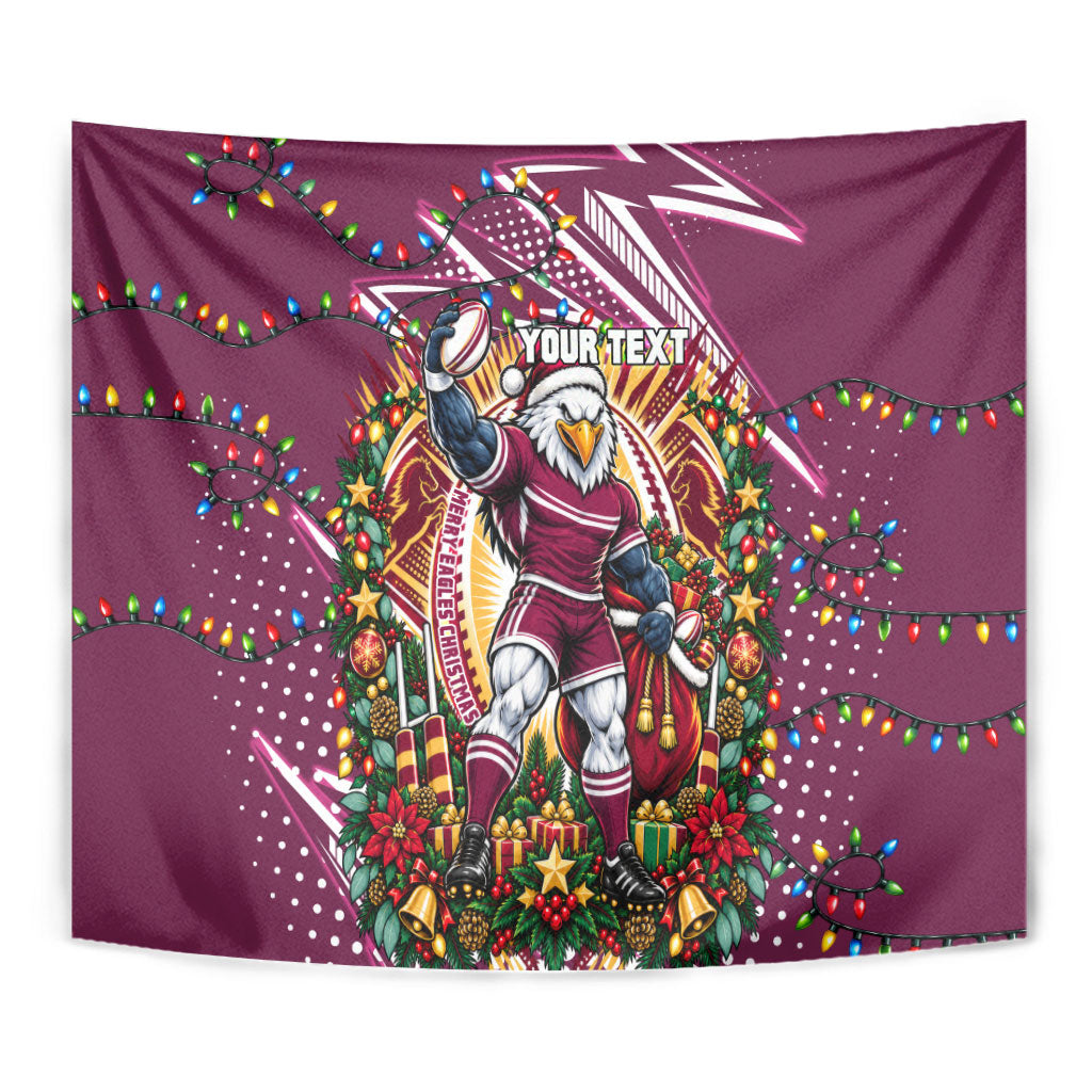 Personalized Manly Warringah Sea Eagles Rugby Christmas Tapestry Holiday Mascot Graphic Art Festive Lights Bow