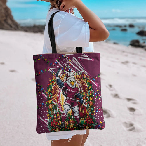 Personalized Manly Warringah Sea Eagles Rugby Christmas Tote Bag Holiday Mascot Graphic Art Festive Lights Bow