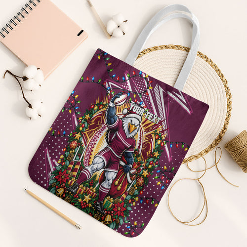 Personalized Manly Warringah Sea Eagles Rugby Christmas Tote Bag Holiday Mascot Graphic Art Festive Lights Bow