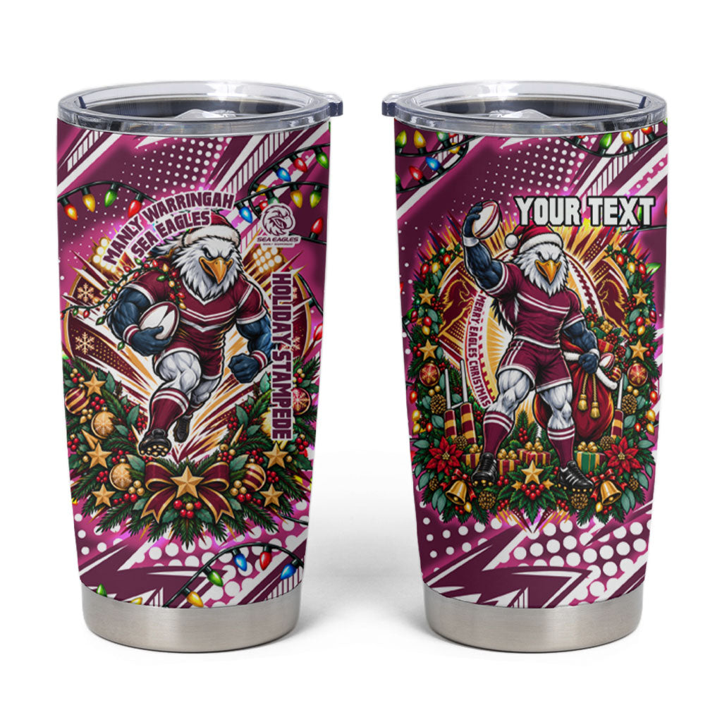 Personalized Manly Warringah Sea Eagles Rugby Christmas Tumbler Cup Holiday Mascot Graphic Art Festive Lights Bow