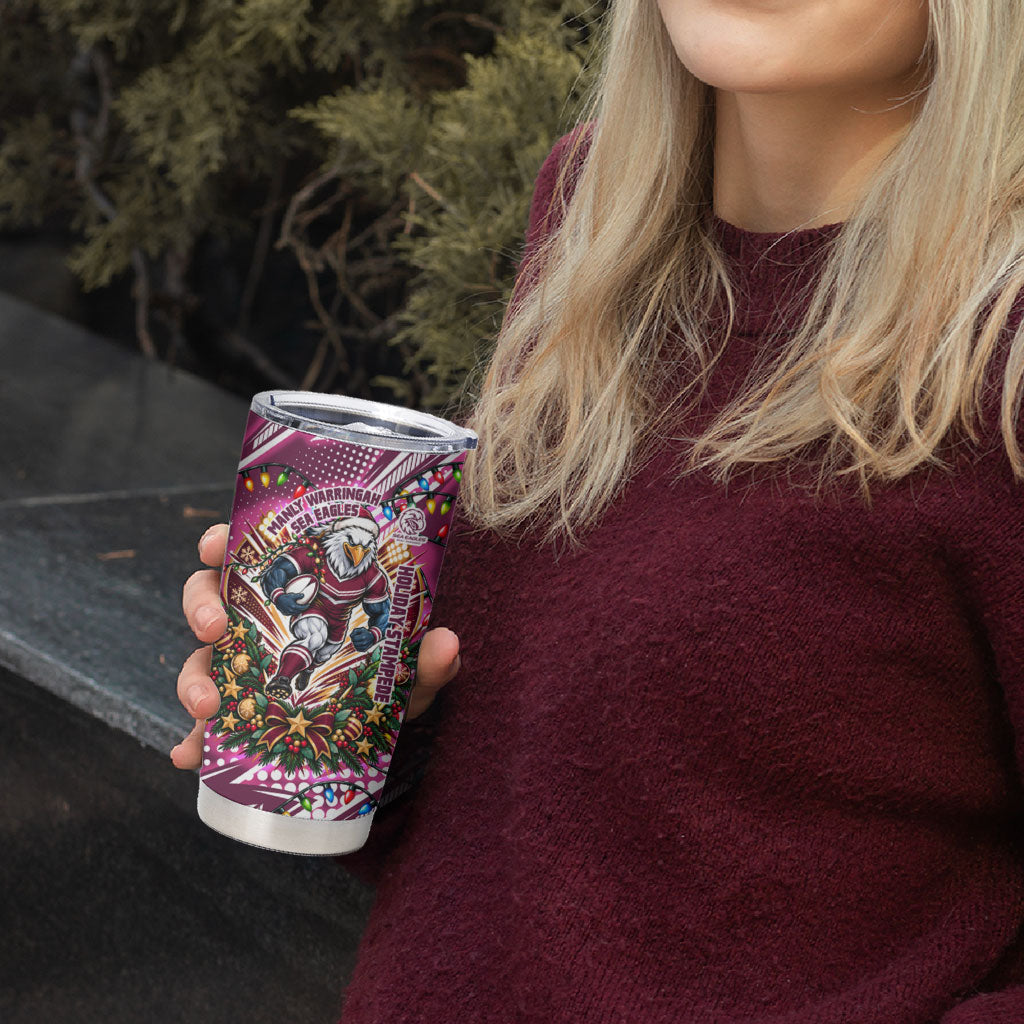 Personalized Manly Warringah Sea Eagles Rugby Christmas Tumbler Cup Holiday Mascot Graphic Art Festive Lights Bow