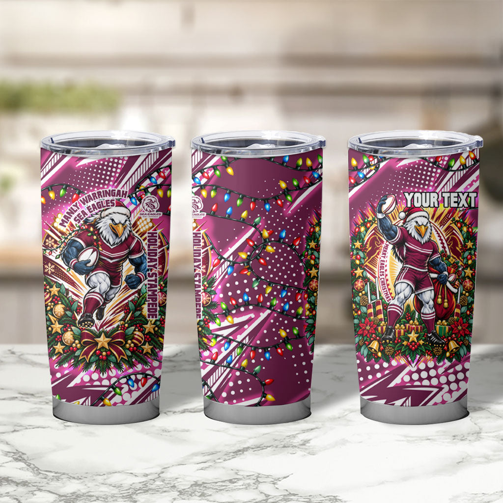Personalized Manly Warringah Sea Eagles Rugby Christmas Tumbler Cup Holiday Mascot Graphic Art Festive Lights Bow