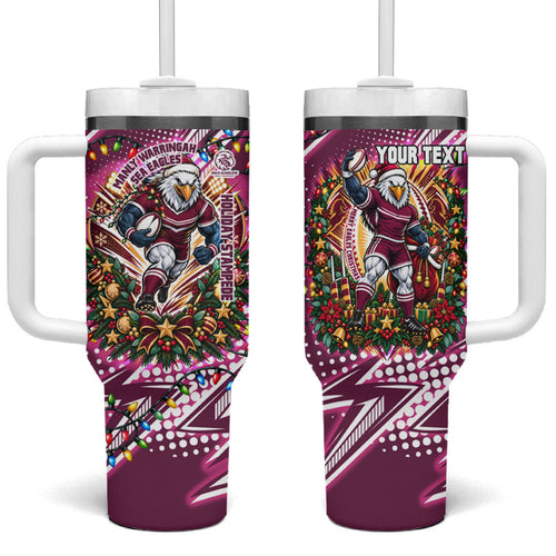 Personalized Manly Warringah Sea Eagles Rugby Christmas Tumbler With Handle Holiday Mascot Graphic Art Festive Lights Bow