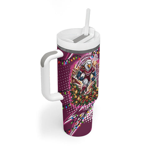 Personalized Manly Warringah Sea Eagles Rugby Christmas Tumbler With Handle Holiday Mascot Graphic Art Festive Lights Bow