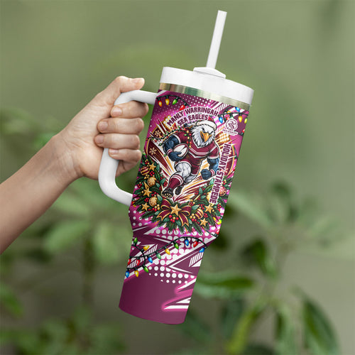 Personalized Manly Warringah Sea Eagles Rugby Christmas Tumbler With Handle Holiday Mascot Graphic Art Festive Lights Bow