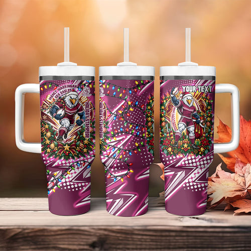 Personalized Manly Warringah Sea Eagles Rugby Christmas Tumbler With Handle Holiday Mascot Graphic Art Festive Lights Bow