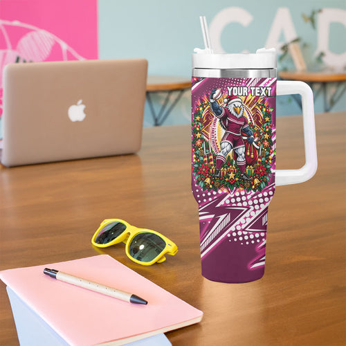 Personalized Manly Warringah Sea Eagles Rugby Christmas Tumbler With Handle Holiday Mascot Graphic Art Festive Lights Bow